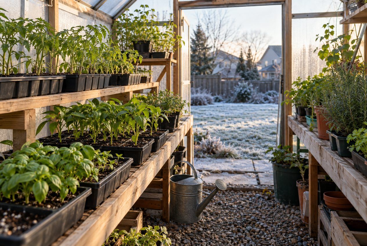 Plateaux de semis sur des étagères dans une serre de jardin au début du printemps