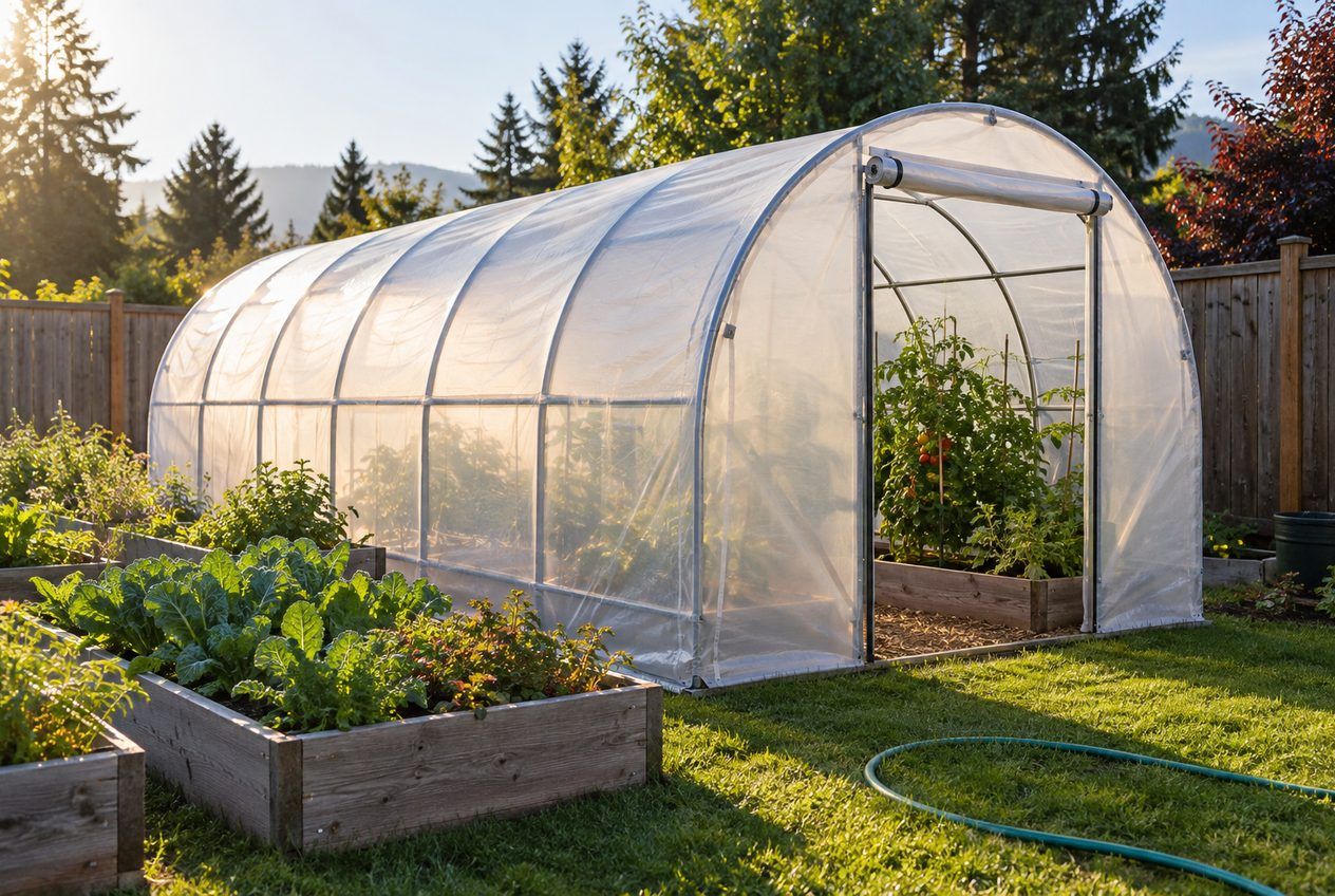 Serre de jardin dans un coin ensoleillé de la cour, côté long orienté vers le sud