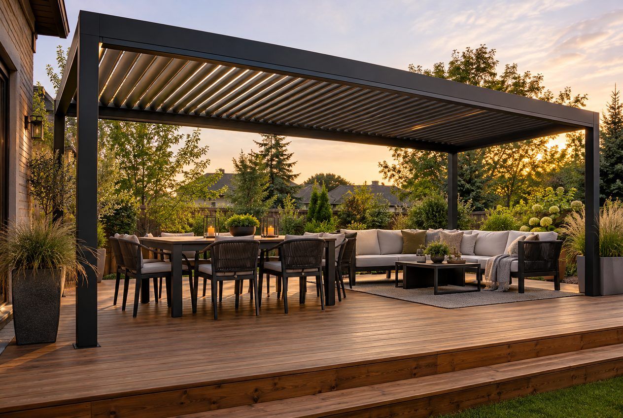 Long louvered pergola covering a dining table and a lounge set on a cedar deck