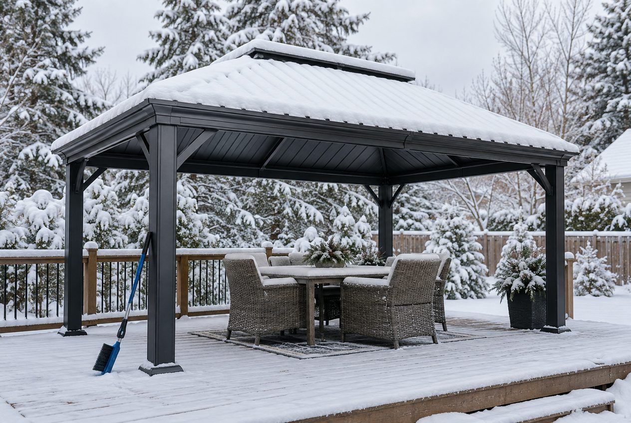 Gazebo à toit rigide avec de la neige fraîche sur son toit d'acier dans une cour canadienne