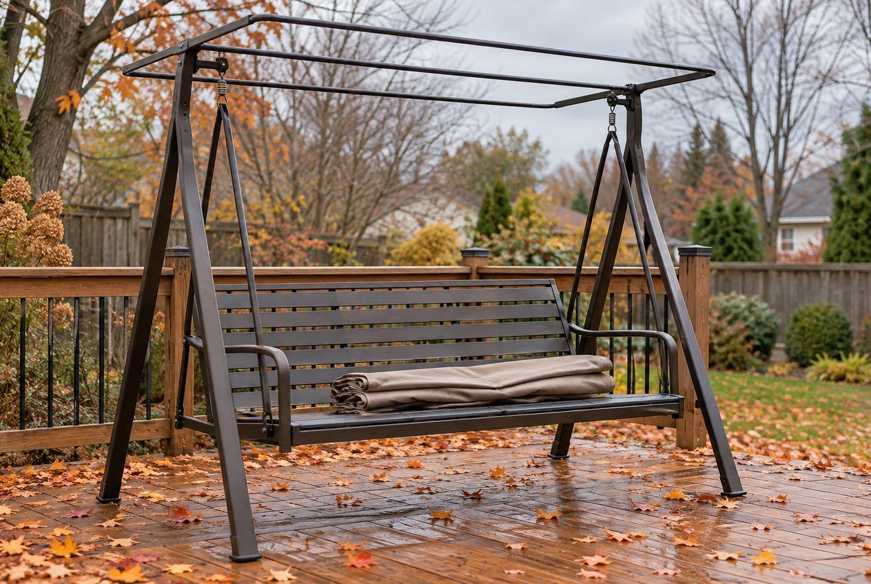 Balançoire de jardin à la fin de l'automne, toile d'auvent retirée et pliée