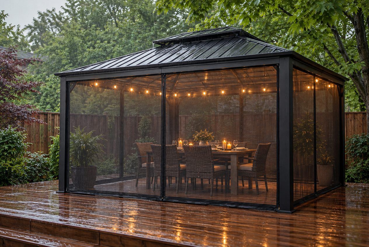 Hardtop gazebo with mosquito netting closed on a wet cedar deck during a summer rain