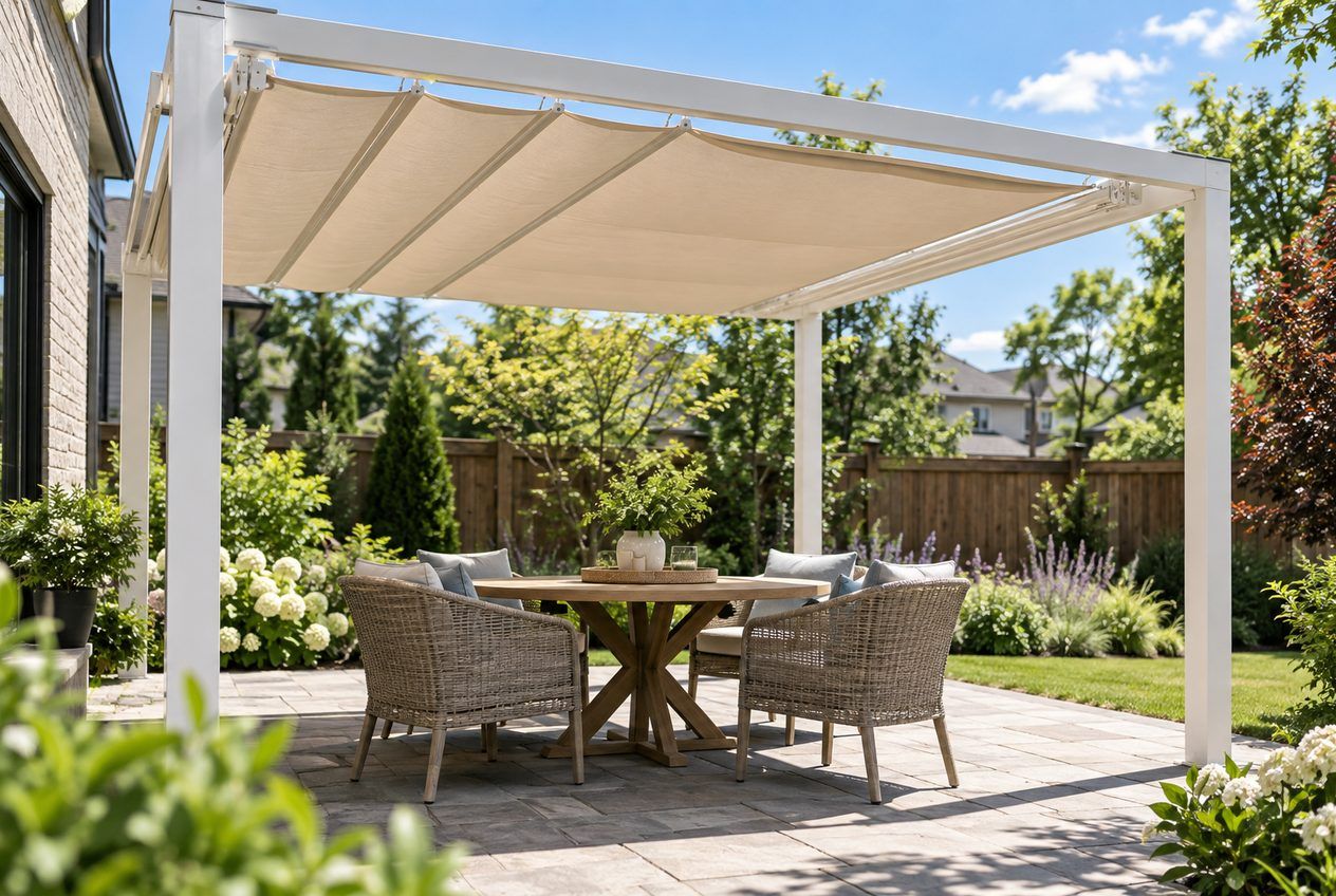 Aluminum pergola with a retractable shade canopy over a patio dining table on a sunny day