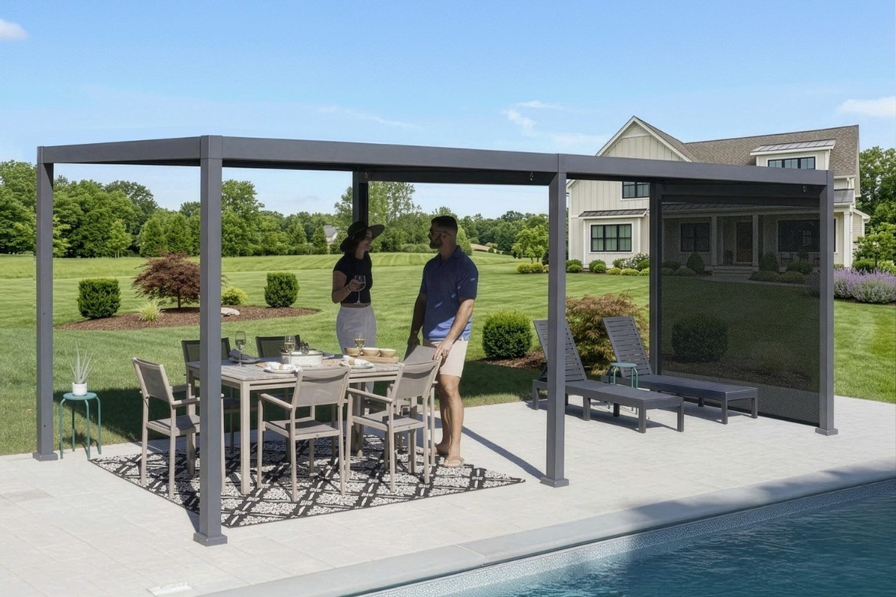 Sojag Hilo 10 by 20 ft louvered pergola covering a poolside dining table and two loungers