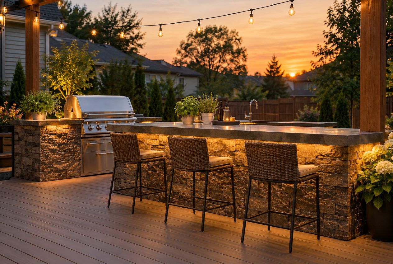 Cuisine et bar ext&eacute;rieurs avec tabourets et guirlande lumineuse sur une terrasse au cr&eacute;puscule