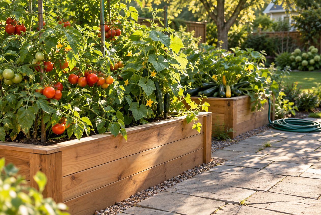 Jardini&egrave;res sur&eacute;lev&eacute;es en c&egrave;dre avec tomates, concombres et courgettes &agrave; c&ocirc;t&eacute; d'un patio en pierre