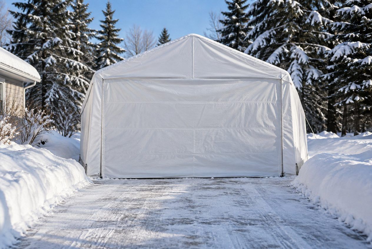 White portable garage with its door zipped shut on a snowy driveway