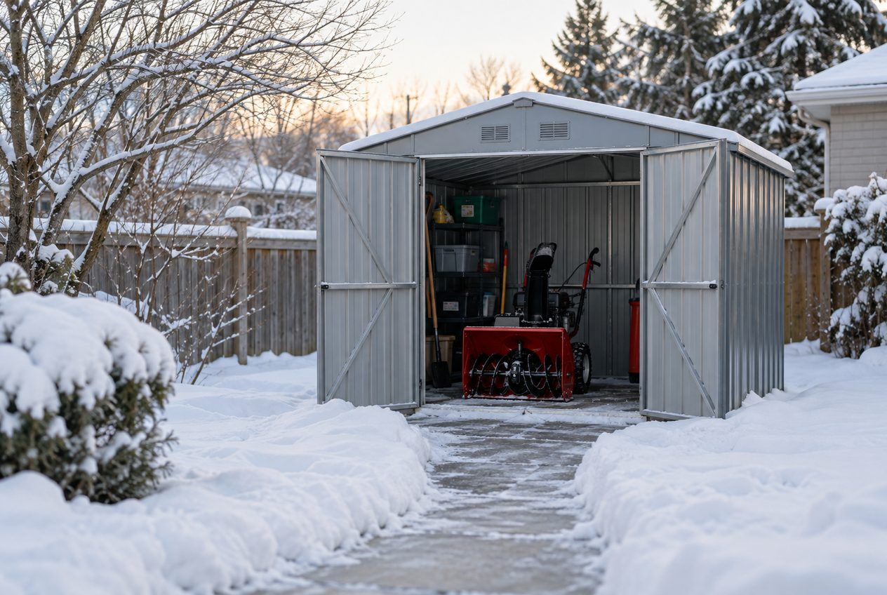 Steel storage shed in a snowy backyard with a snowblower inside
