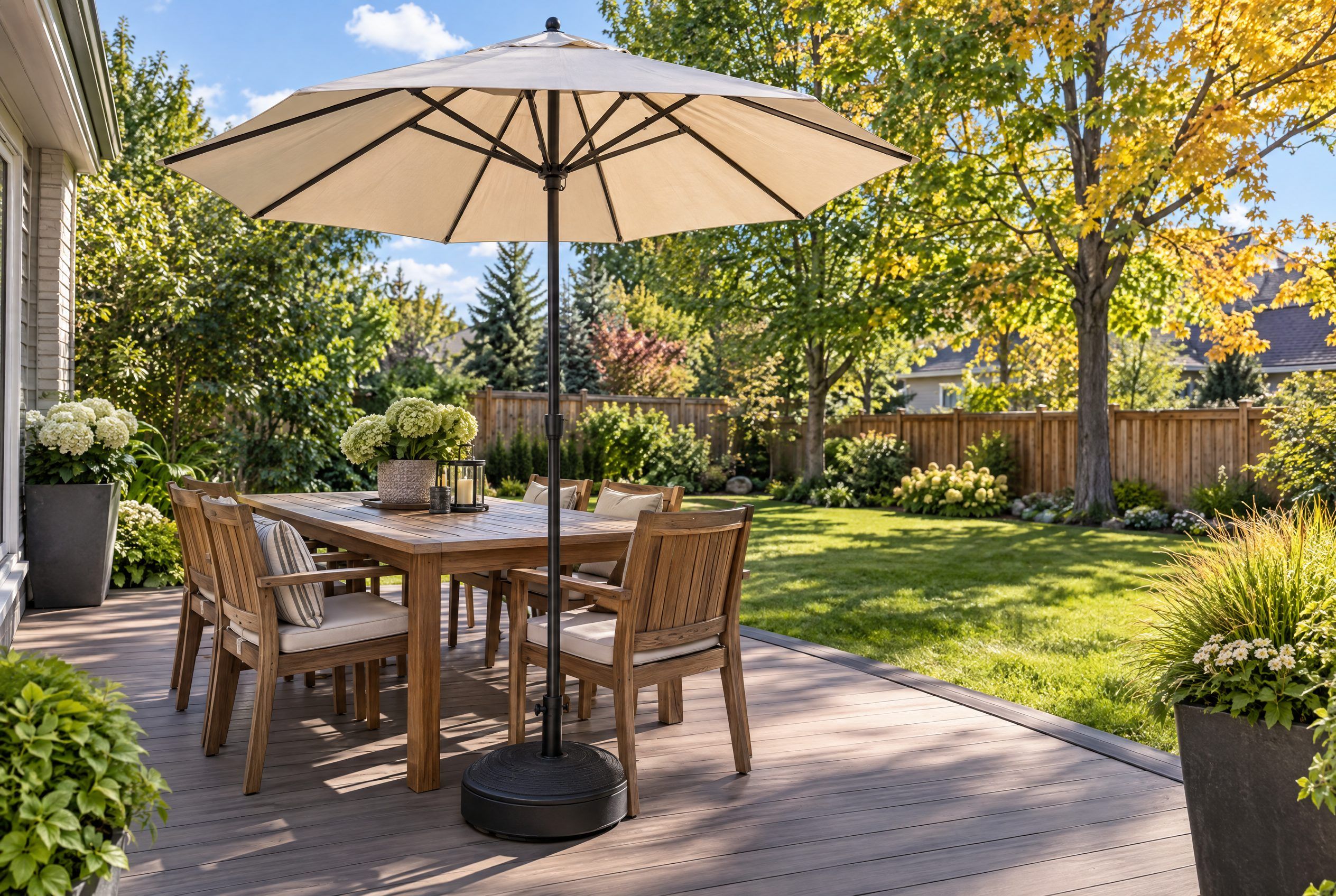 Cream octagonal patio umbrella open over a wooden dining set on a Canadian backyard deck with a weighted base