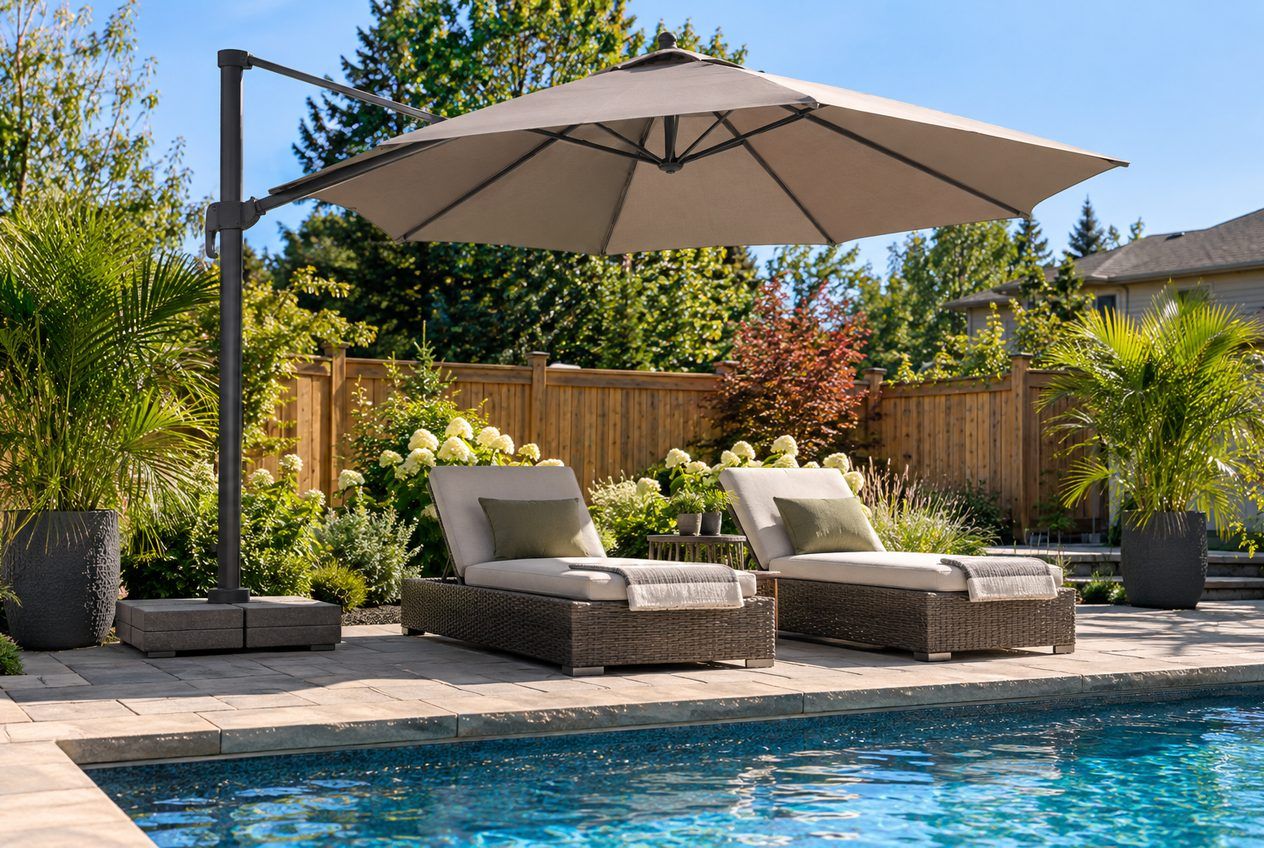 Parasol déporté ombrageant des chaises longues près d'une piscine