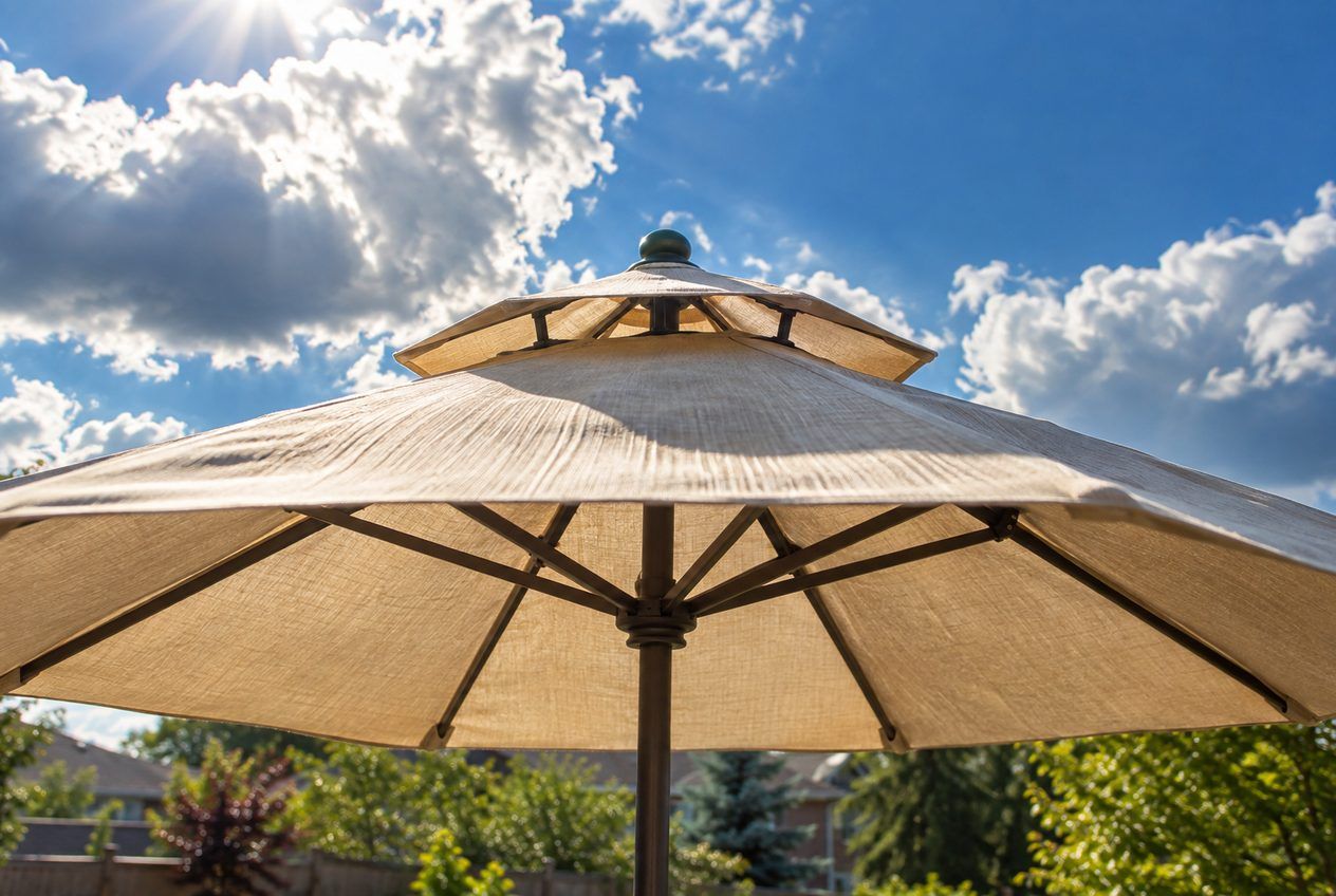 Sommet d'un parasol de patio avec double évent contre un ciel nuageux