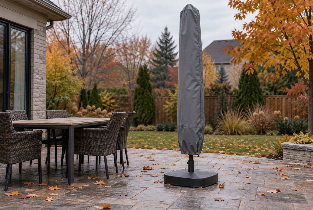 Parasol fermé dans sa housse de protection sur un patio en automne