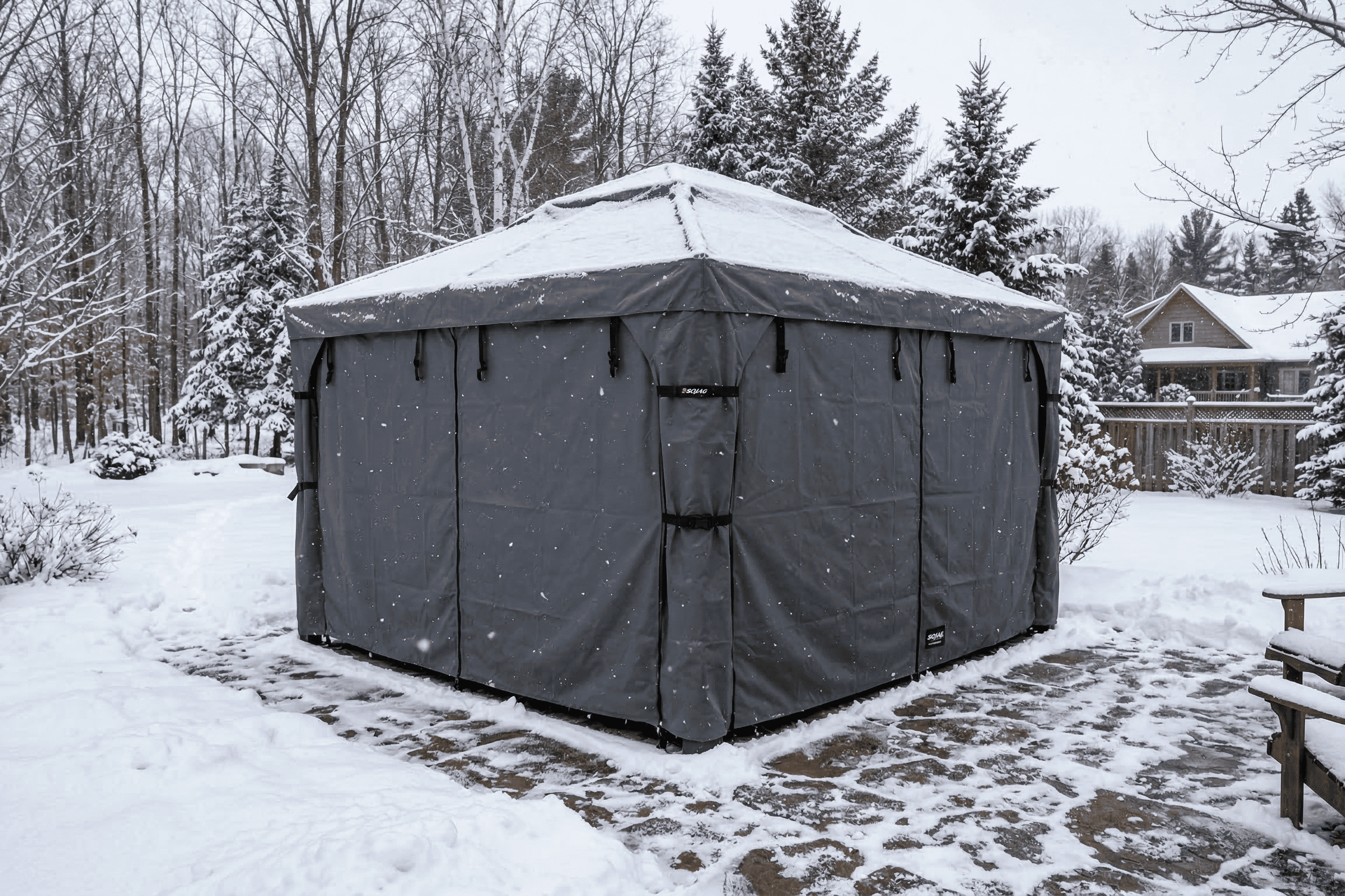 Gazebo with winter cover installed in snowy Canadian backyard
