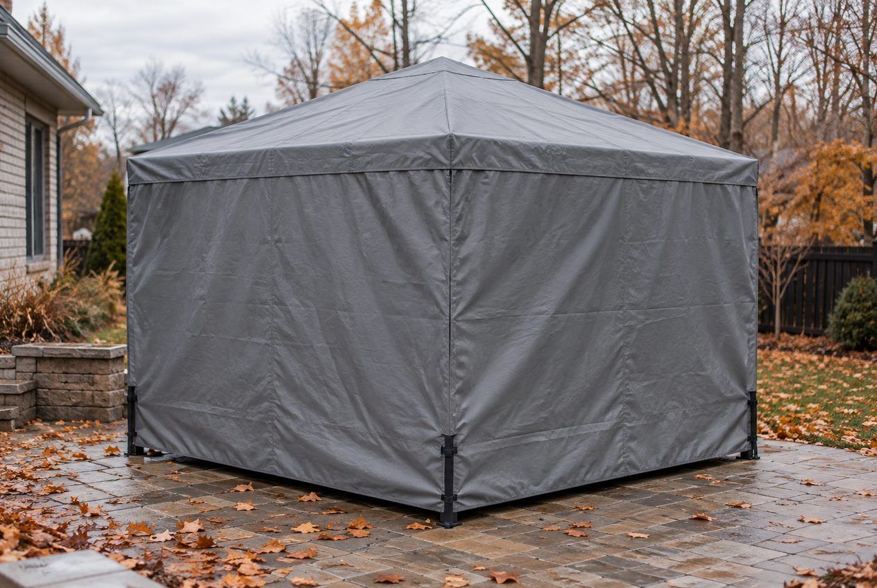 Gazebo wrapped in a fitted grey winter cover with straps tied to each leg