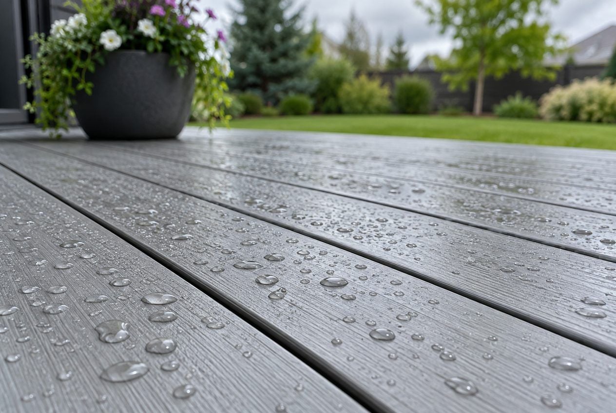 Gouttes d'eau perlant sur des planches de terrasse en PVC grises apr&egrave;s la pluie