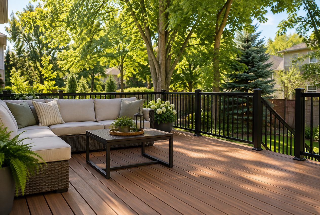 Terrasse en composite imitation bois avec garde-corps en aluminium et mobilier ext&eacute;rieur