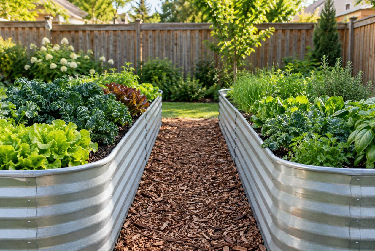 Deux jardinières surélevées en acier galvanisé de 4 pi de large séparées par une allée paillée