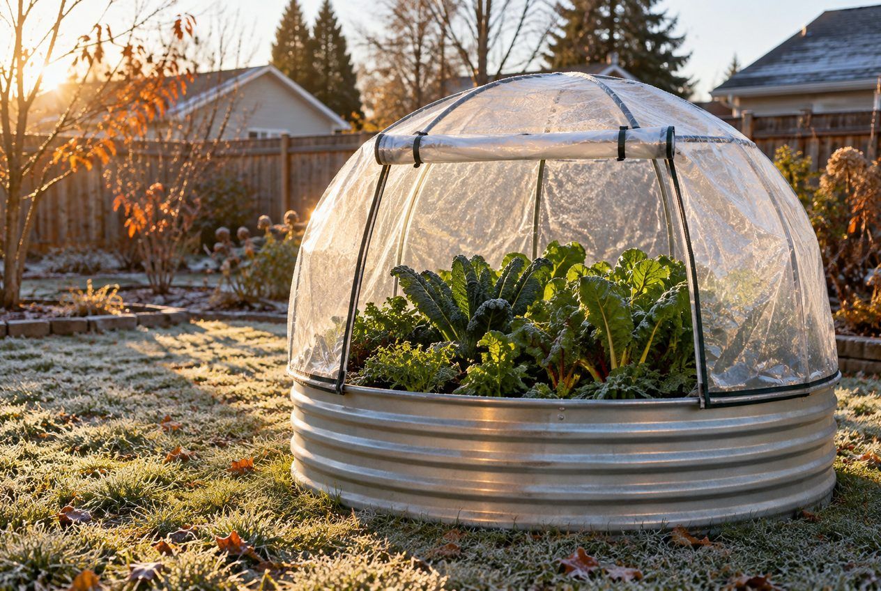 Jardinière ronde surélevée sous une petite serre par un matin d'automne givré