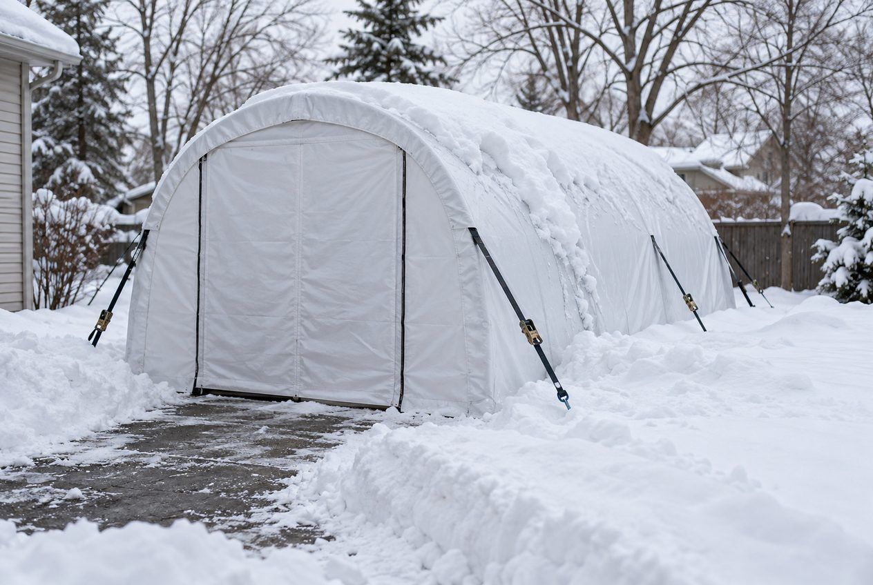 深雪中用绑带锚固的圆顶便携式车库