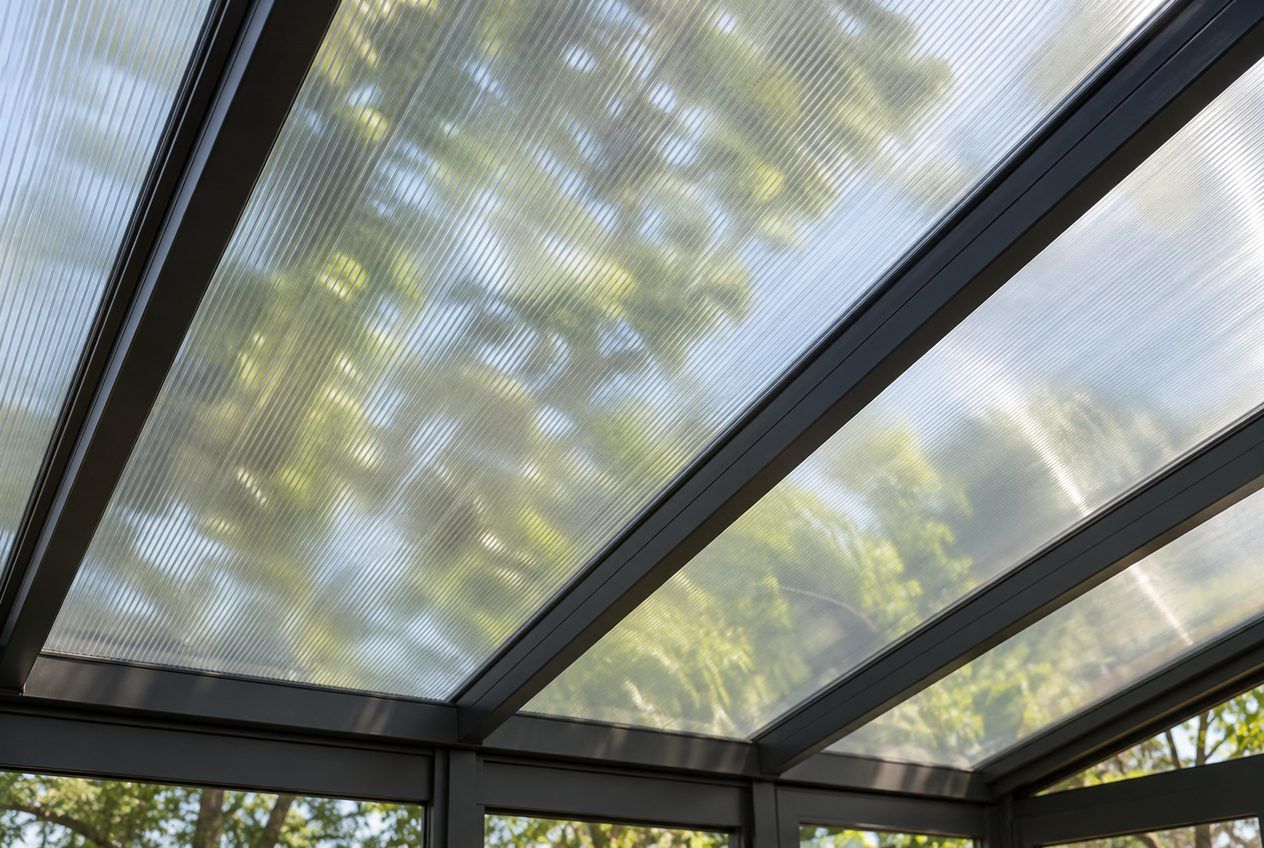 Toit de solarium en polycarbonate alvéolé vu de l'intérieur, qui diffuse la lumière