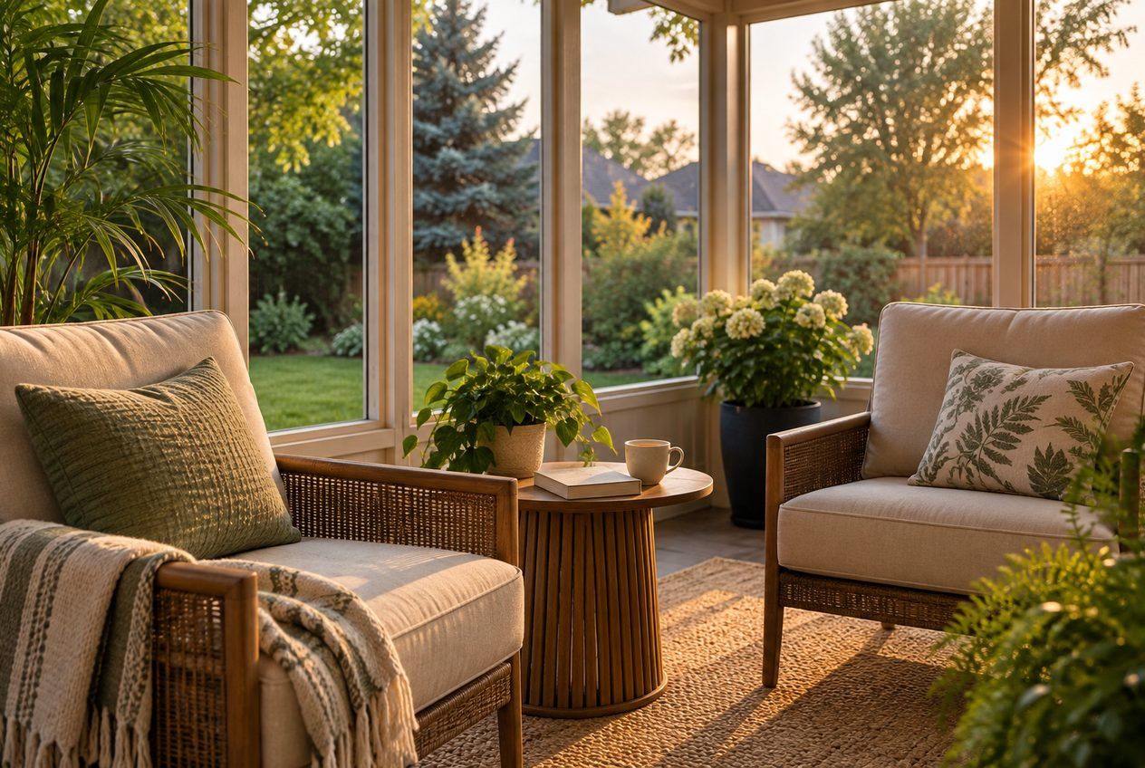 Coin lecture avec deux fauteuils dans un solarium trois saisons lumineux