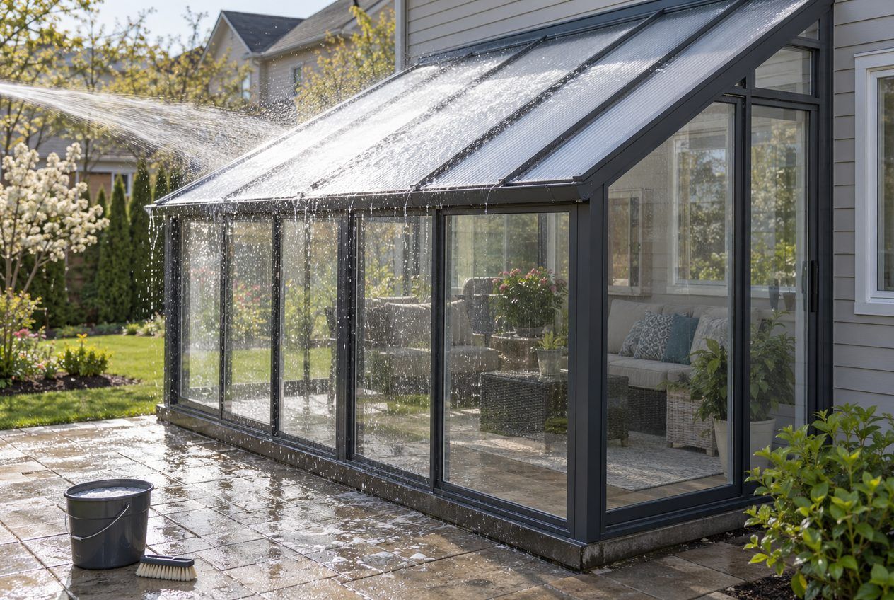 Tuyau d'arrosage et brosse douce à côté d'un solarium au toit fraîchement rincé