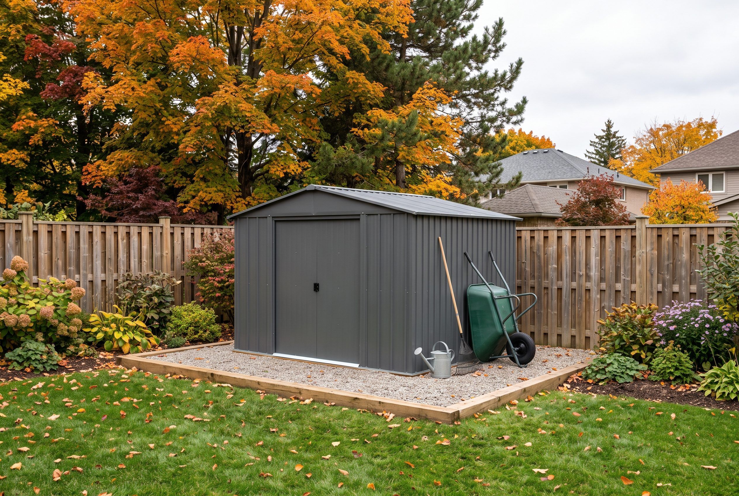 Cabanon en acier anthracite sur une dalle de gravier dans une cour canadienne au début de l'automne