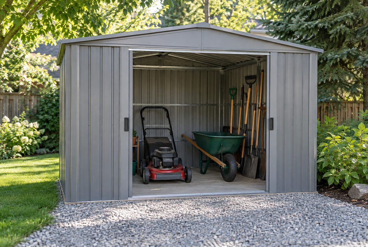 Cabanon en acier aux portes ouvertes avec tondeuse, brouette et outils à l'intérieur