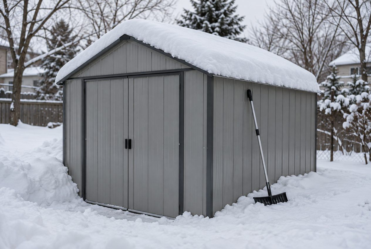 Cabanon en acier à toit à pignon haut sous une épaisse neige, avec un râteau à toiture à côté