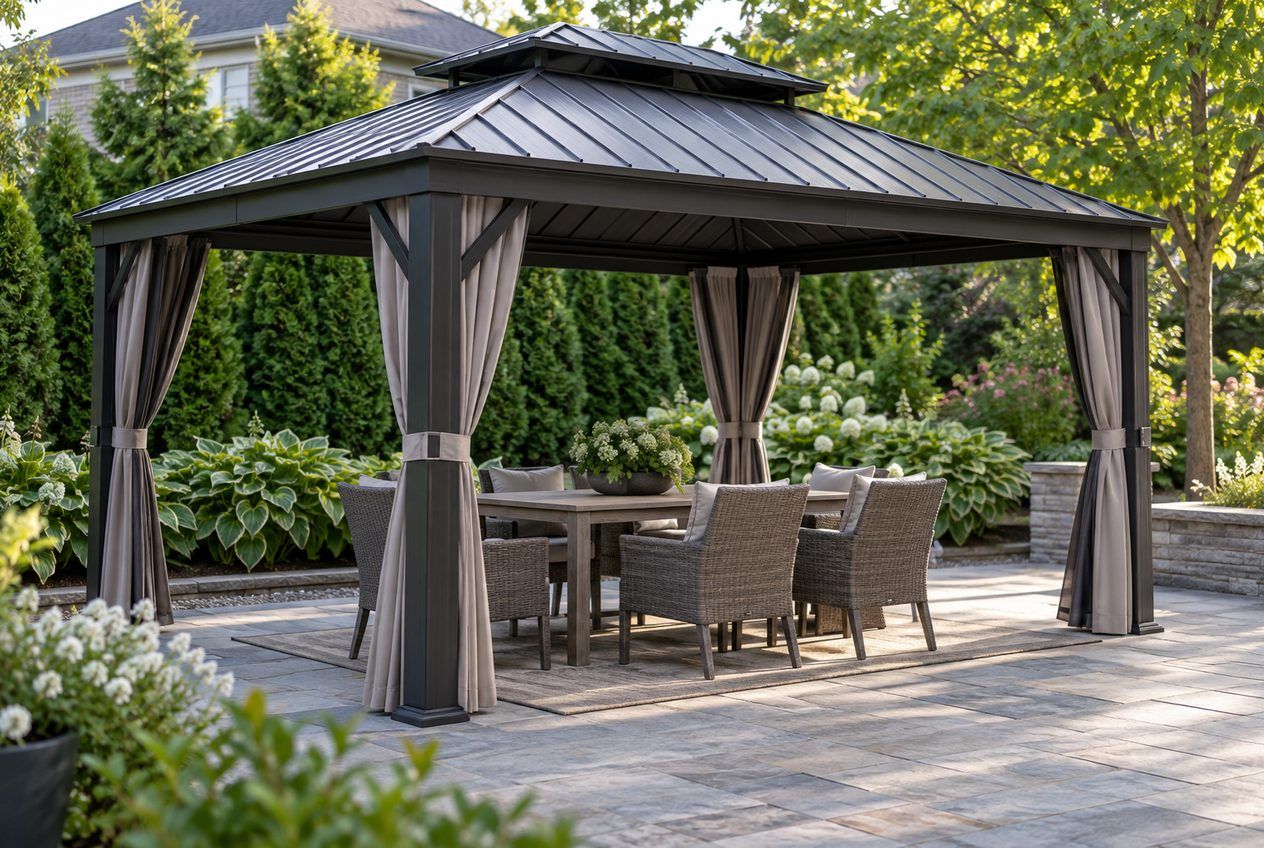 Gazebo en aluminium &agrave; toit rigide en acier avec rideaux sur un patio en pierre