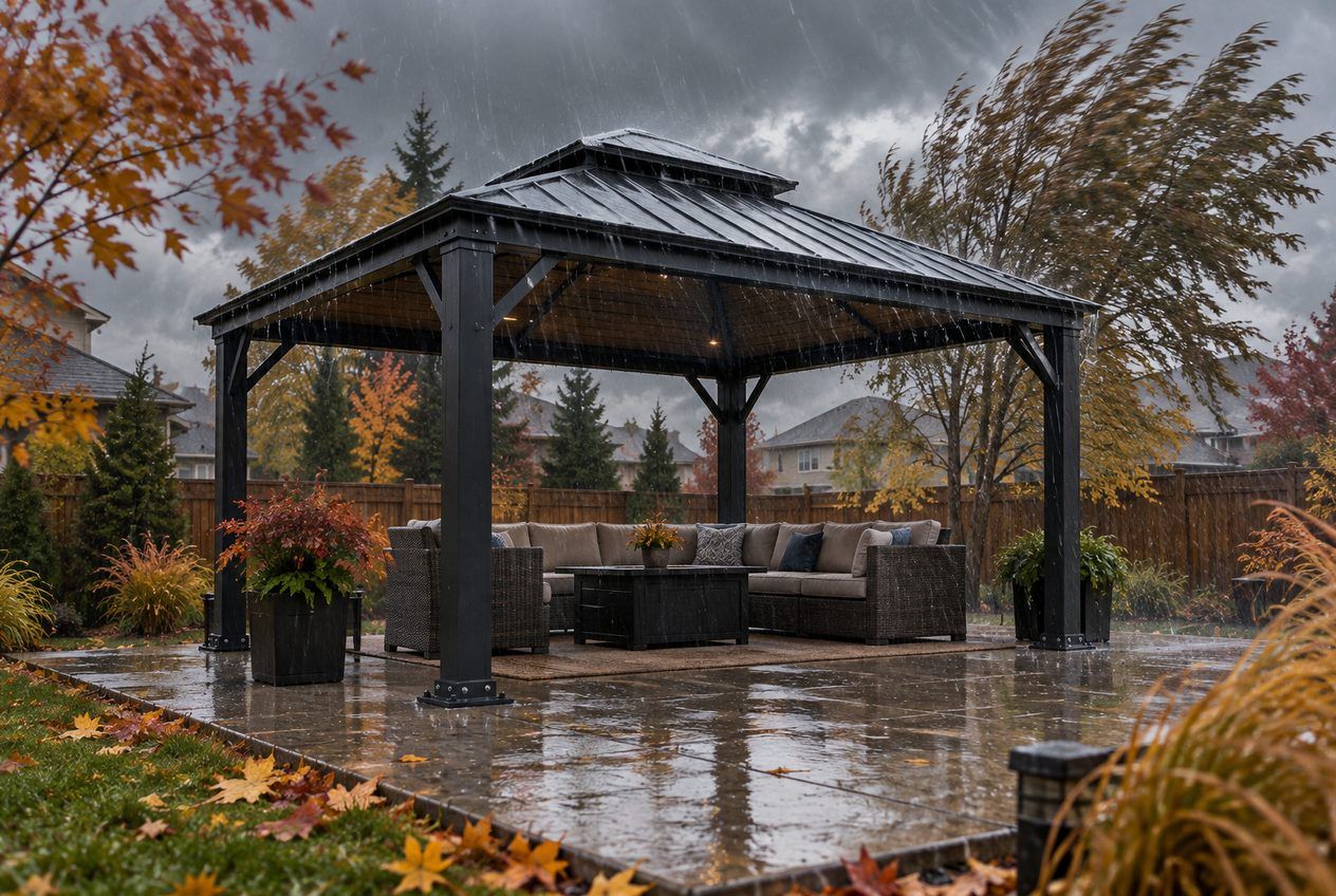 Gazebo &agrave; toit rigide ancr&eacute; sur une dalle de b&eacute;ton pendant une temp&ecirc;te d'automne