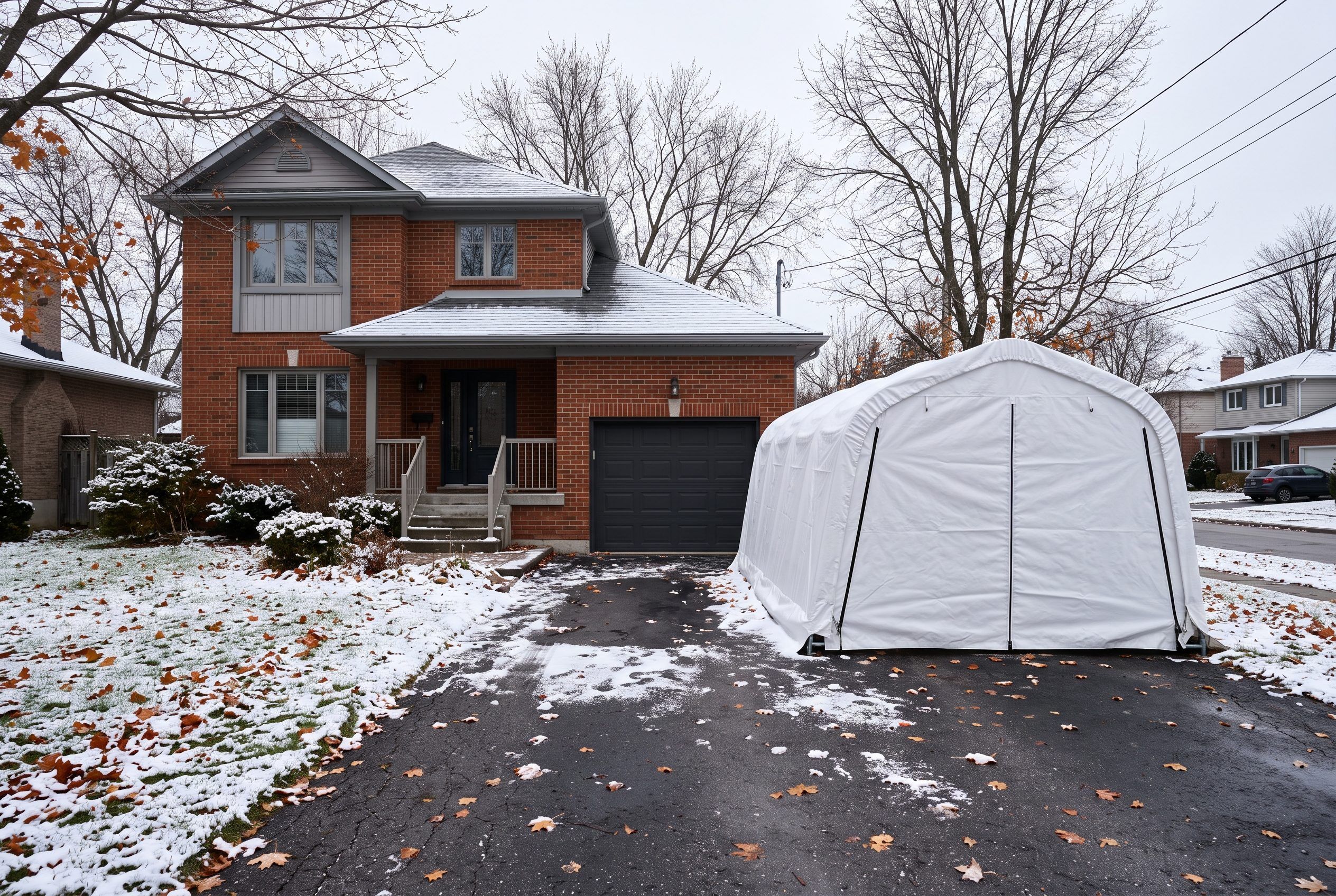 White fabric winter car shelter with a steel frame on a Canadian asphalt driveway after the first snowfall