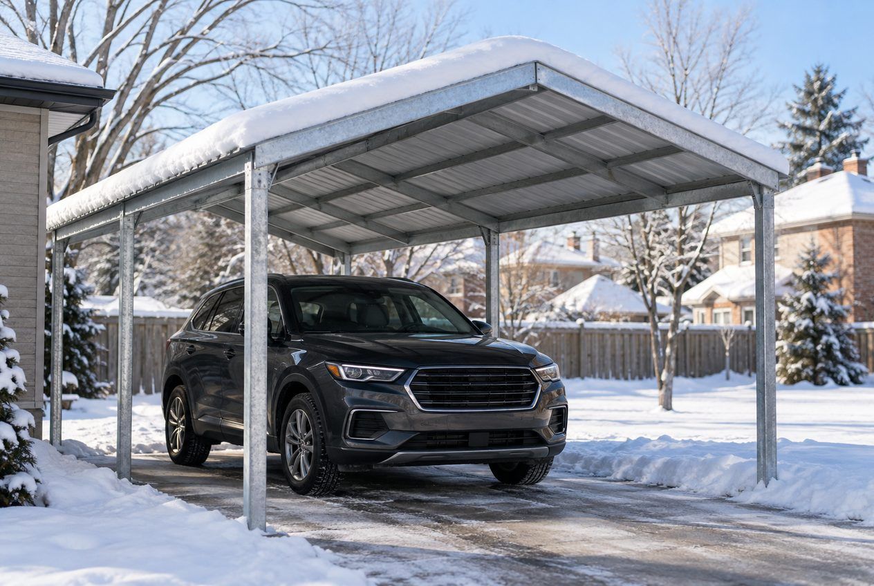 Open steel carport over an SUV in a snowy driveway