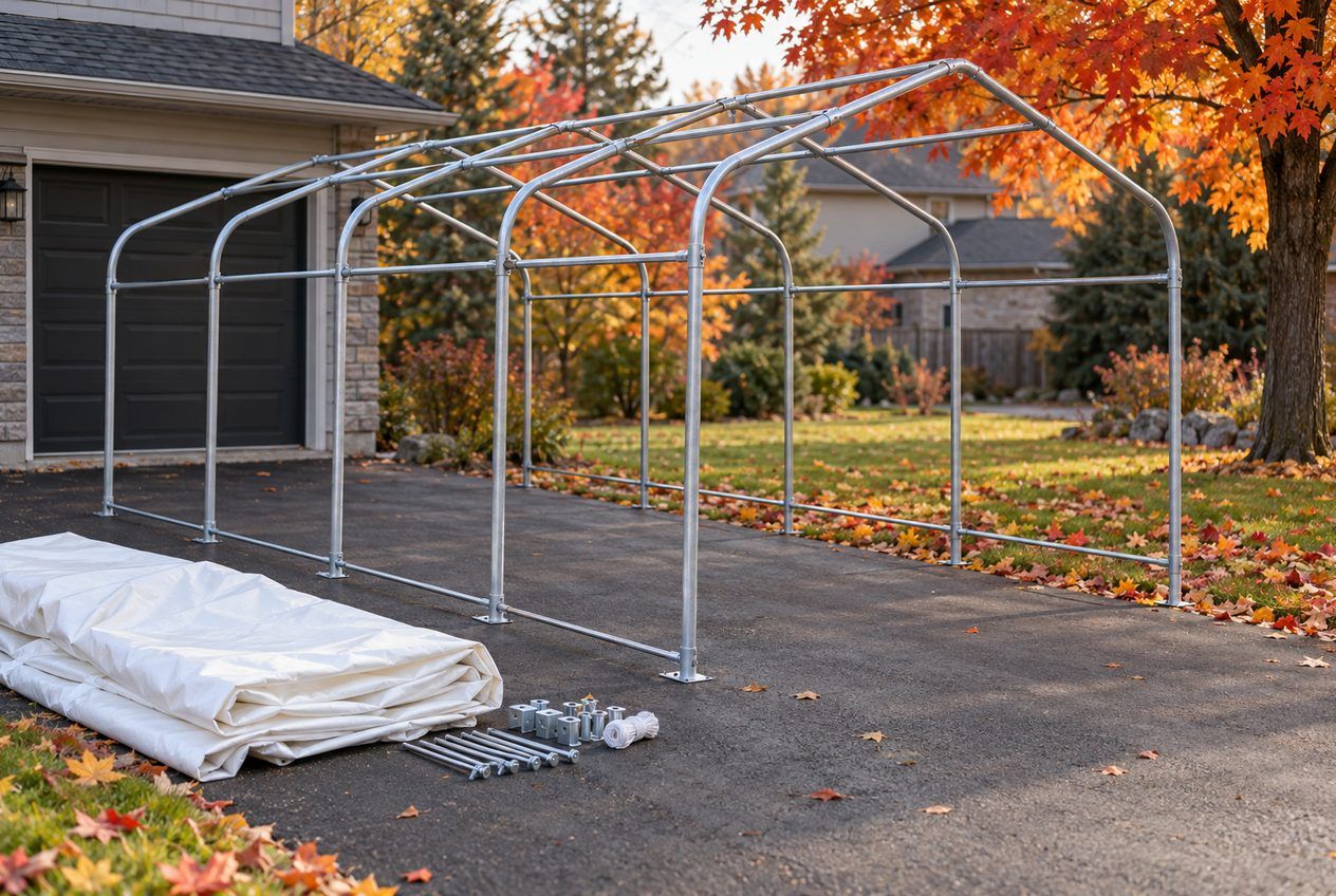 Car shelter frame being set up on a driveway among autumn leaves