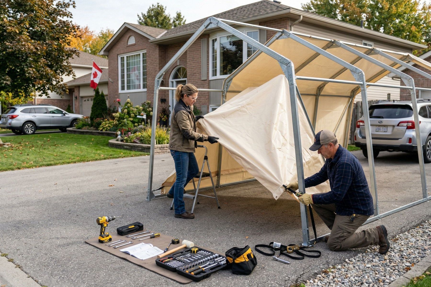 ShelterLogic portable garage being assembled in a Canadian driveway