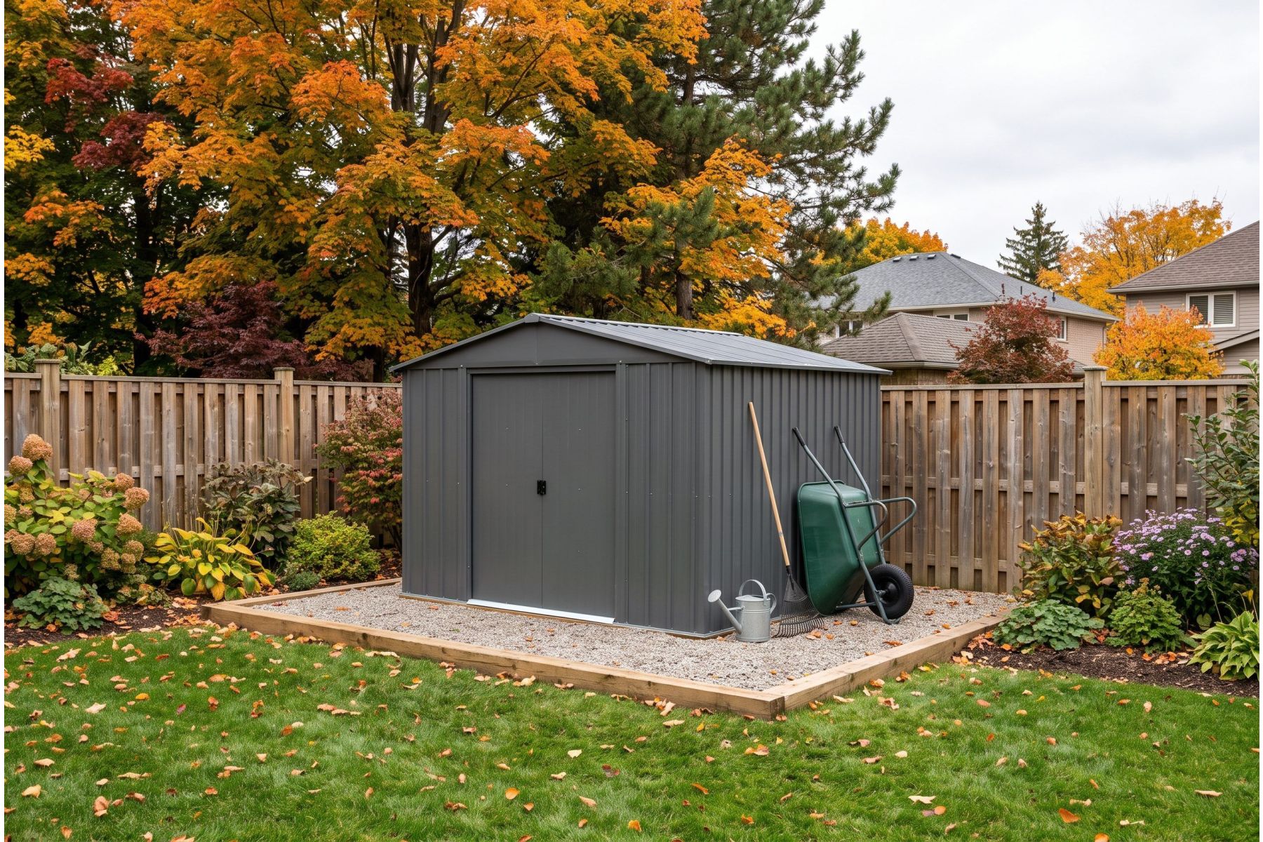 Cabanon en acier anthracite sur une dalle de gravier dans une cour canadienne à l'automne