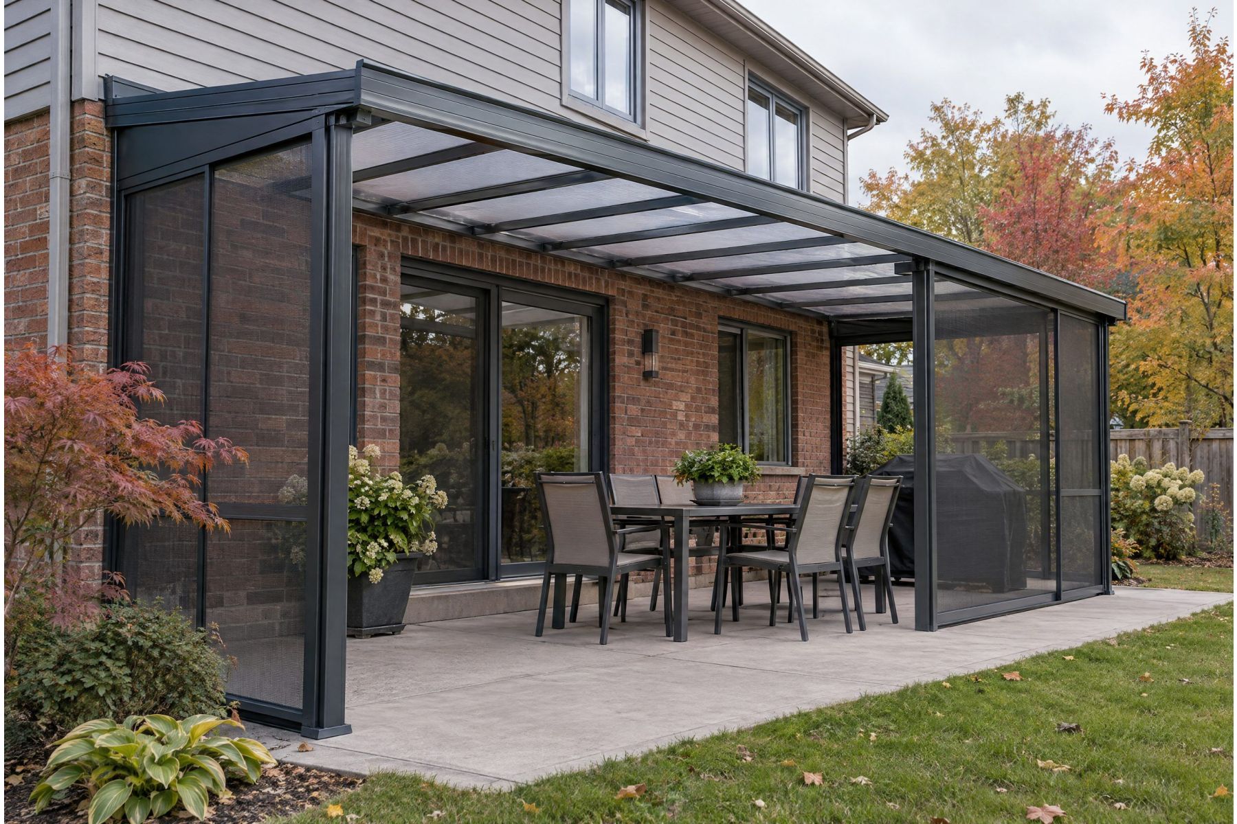 Wall-mounted aluminum gazebo attached to the back wall of a Canadian house over a concrete patio in autumn