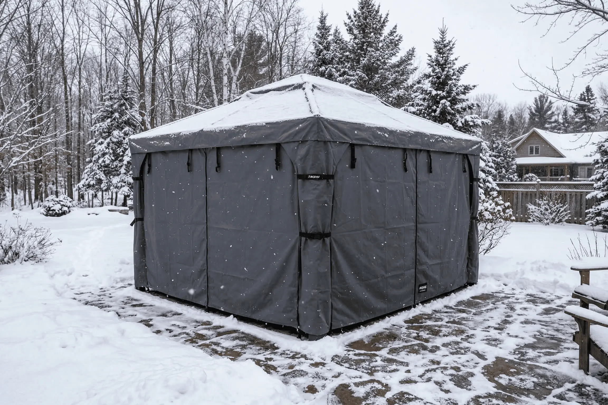 Gazebo with winter cover installed in snowy Canadian backyard