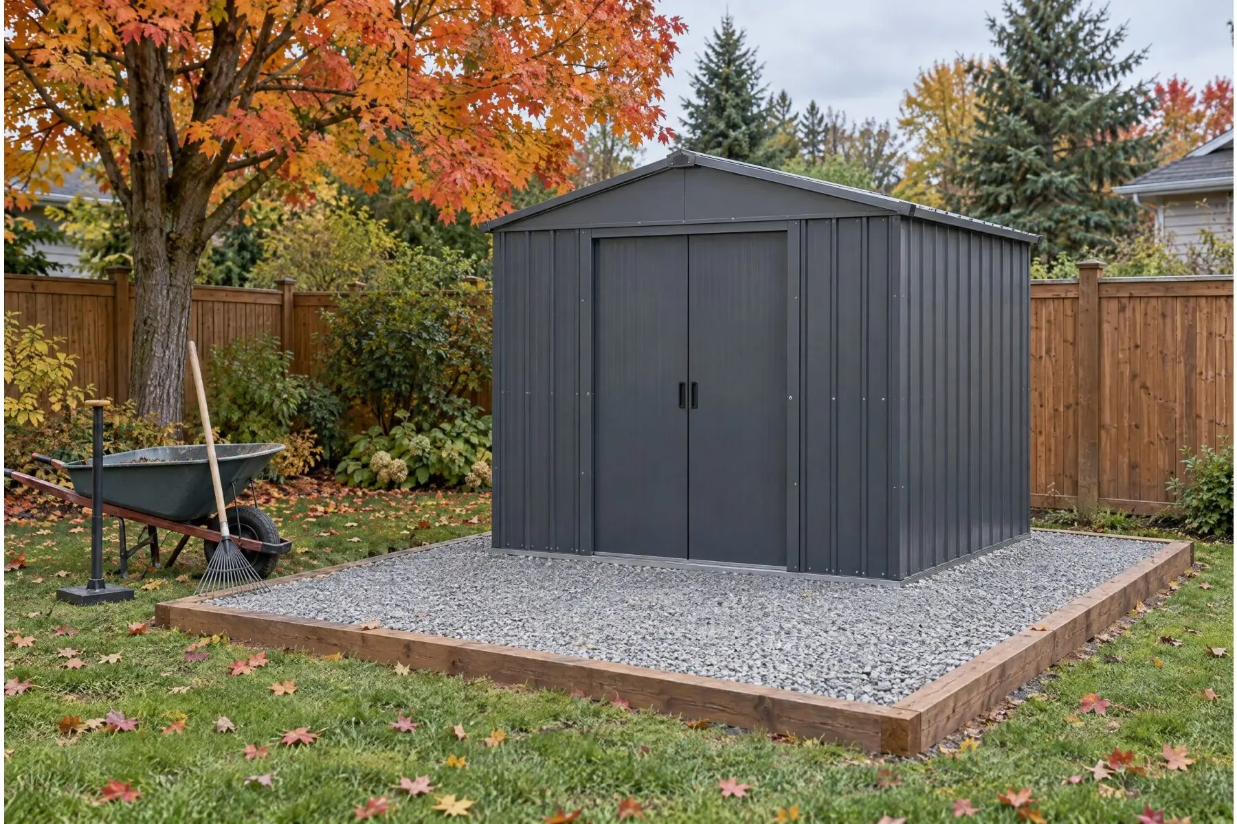 Cabanon en acier posé sur une base de pierre concassée compactée dans une cour canadienne