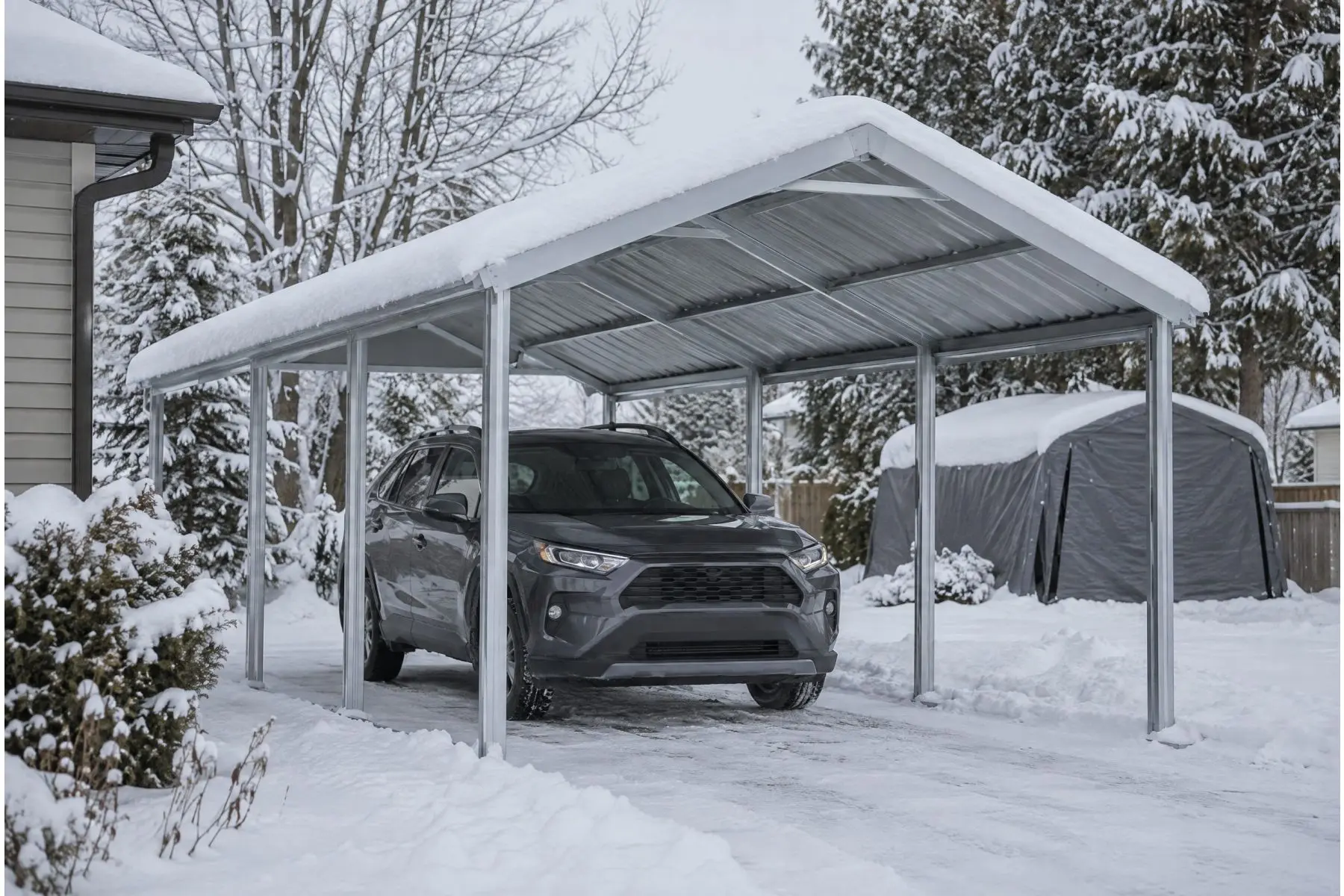 Abri d'auto en acier enneigé protégeant un véhicule pendant un hiver canadien