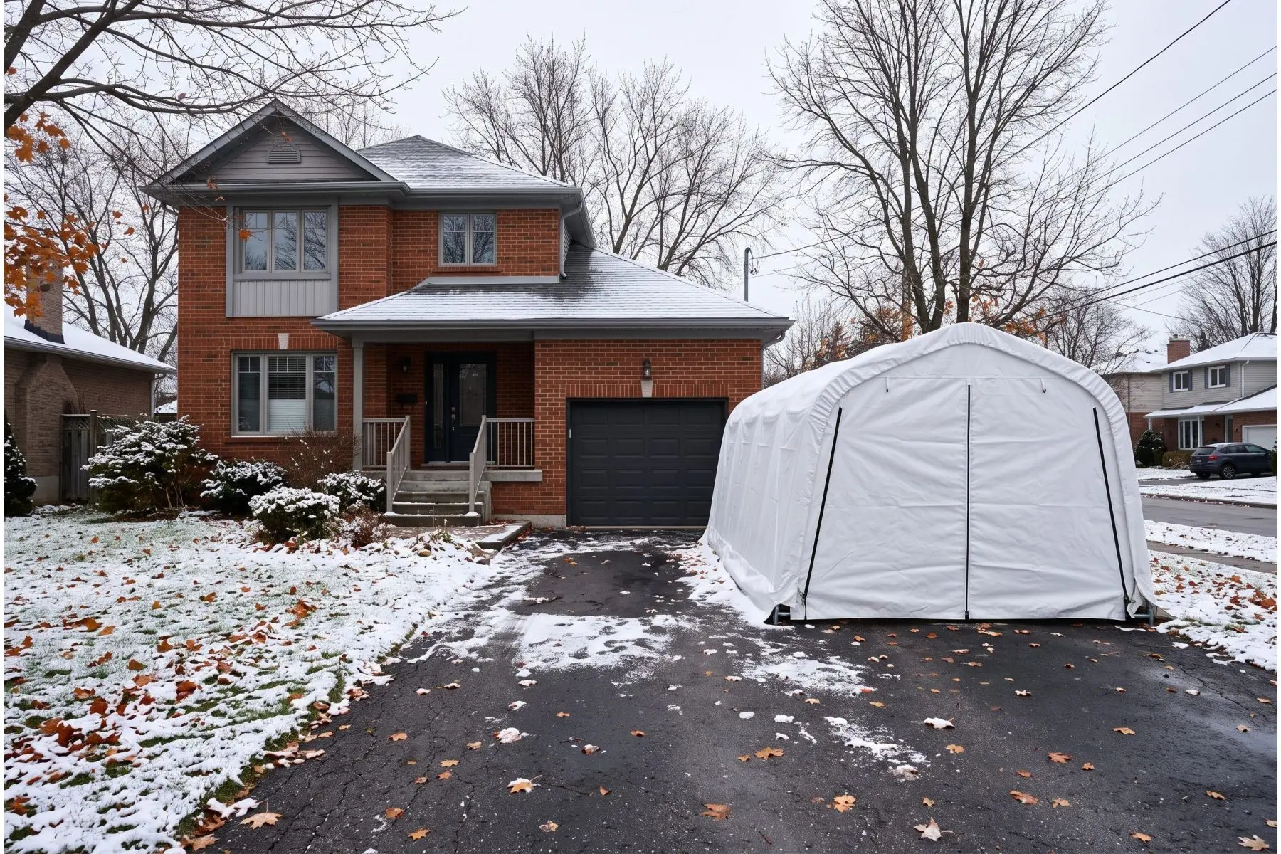 Abri d'auto d'hiver sur une entrée enneigée au Canada, à côté d'une maison en brique