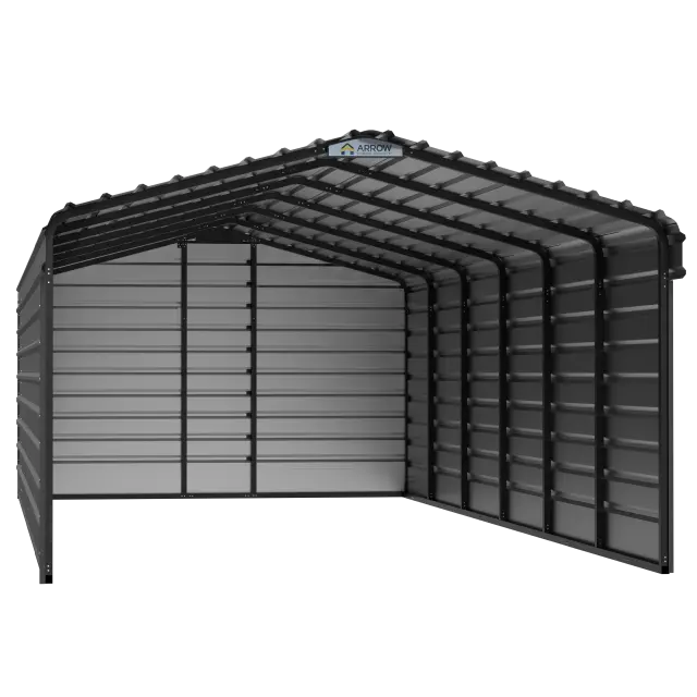 Abri d'auto Arrow en acier galvanisé 12 x 29 x 7 pi, fermé sur 3 côtés, charbon