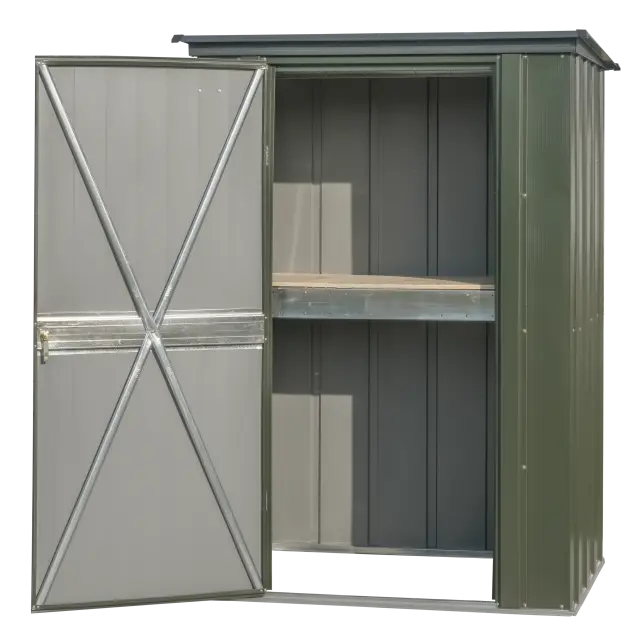 Scotts® 4' X 3' Outdoor Potting Shed With Hanging Tool Rack And Tabletop Surface, Modern 2-Tone Galvanized Steel Garden Tool Shed, Vintage Green/Anthracite