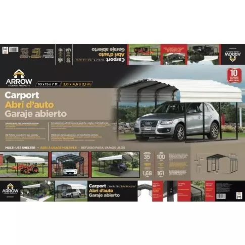 Arrow Abri d'auto en acier galvanisé 10 x 15 x 7 pi, noir/coquille d'œuf