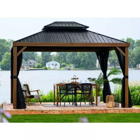 Gazebo Penguin Yosemite 12 x 16' toit double en acier galvanisé, poteaux en aluminium finition bois