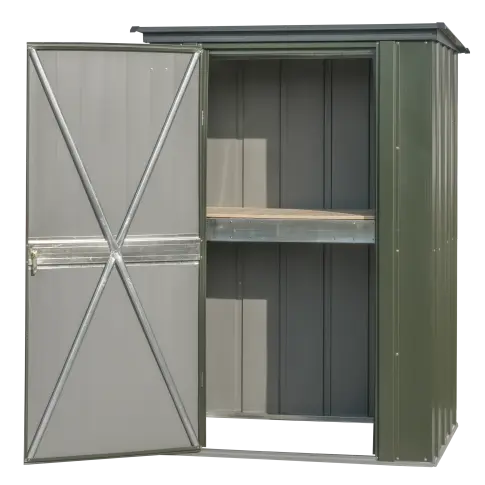 Scotts® 4' X 3' Outdoor Potting Shed With Hanging Tool Rack And Tabletop Surface, Modern 2-Tone Galvanized Steel Garden Tool Shed, Vintage Green/Anthracite