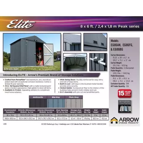 Arrow Elite Steel Storage Shed, 8x6, Blue Grey