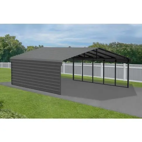 Abri d'auto Arrow en acier galvanisé 20 x 24 x 7 pi, fermé sur 1 côté, charbon