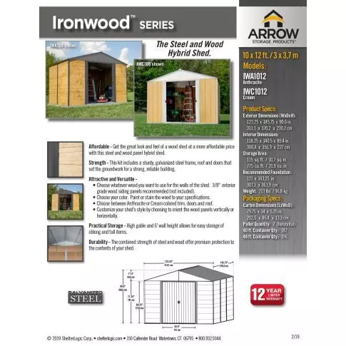 Arrow Ironwood钢木混合储物棚套件 10 x 12英尺 镀锌 炭黑色