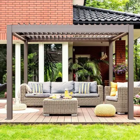 Gazebo Penguin Pergola Vikos 10 x 10 pi autoportante en aluminium avec rails à rideaux, grège